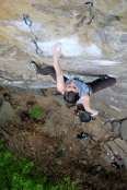 Alexa Siegel resting before the crux clip and sequence of Eyeless in Gaza (5.12b)